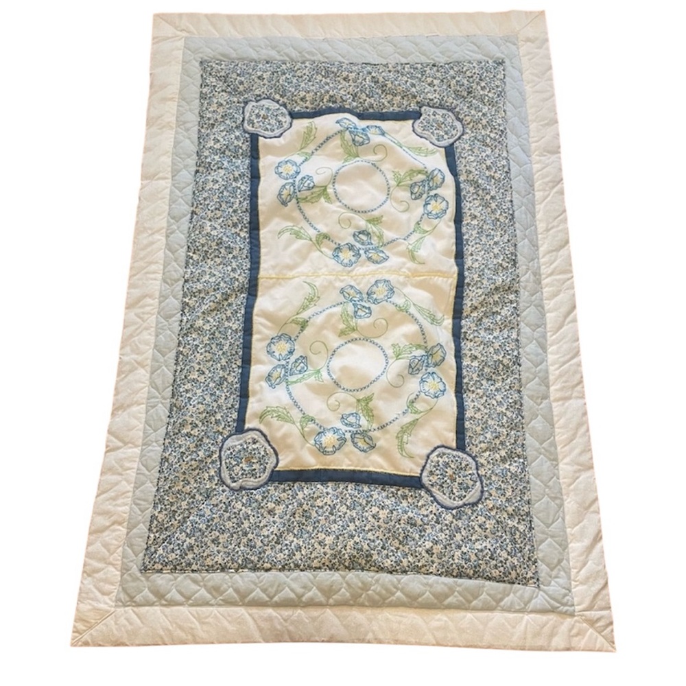 Homemade Crib Baby Quilt Quilted Embroidered Blue White Yellow Heavy Appliqué